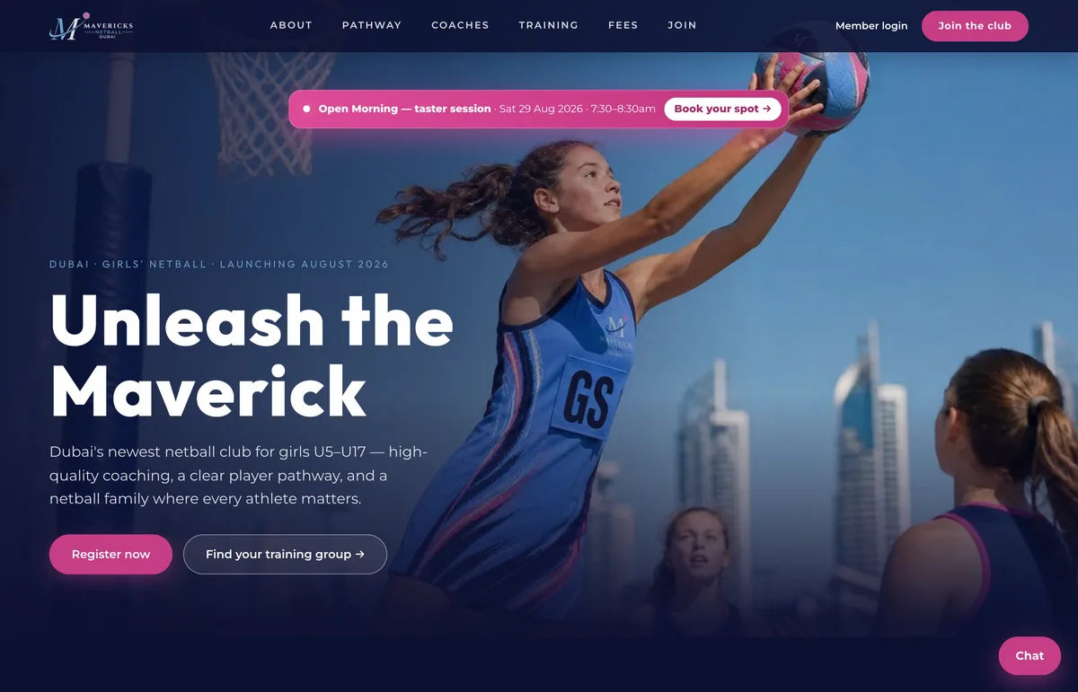 The Mavericks Netball UAE website — the club's own public site, built on the platform