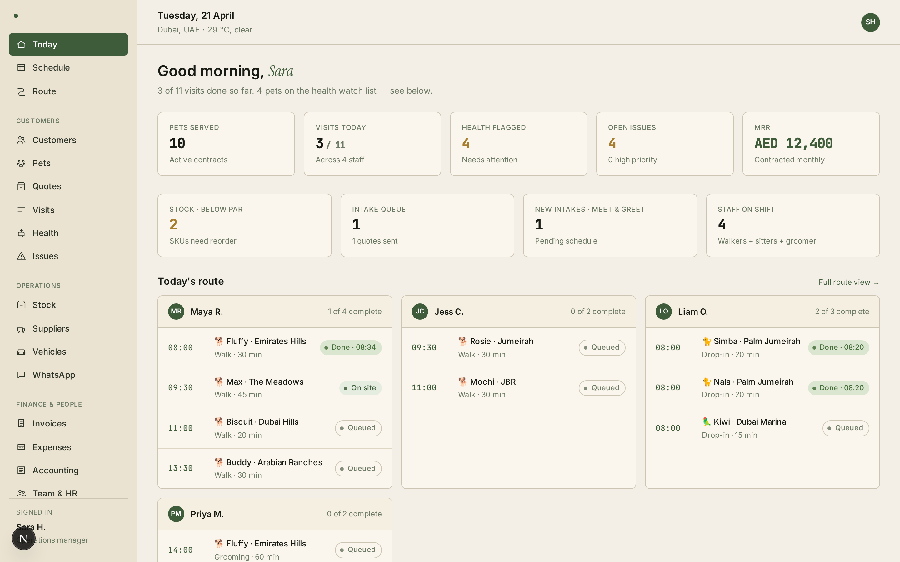 Pet care operator dashboard — today's route + health watch