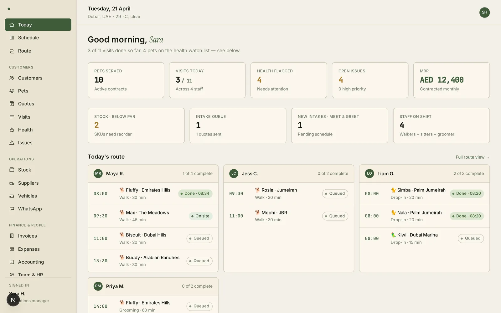 Pet care operator platform — today’s route