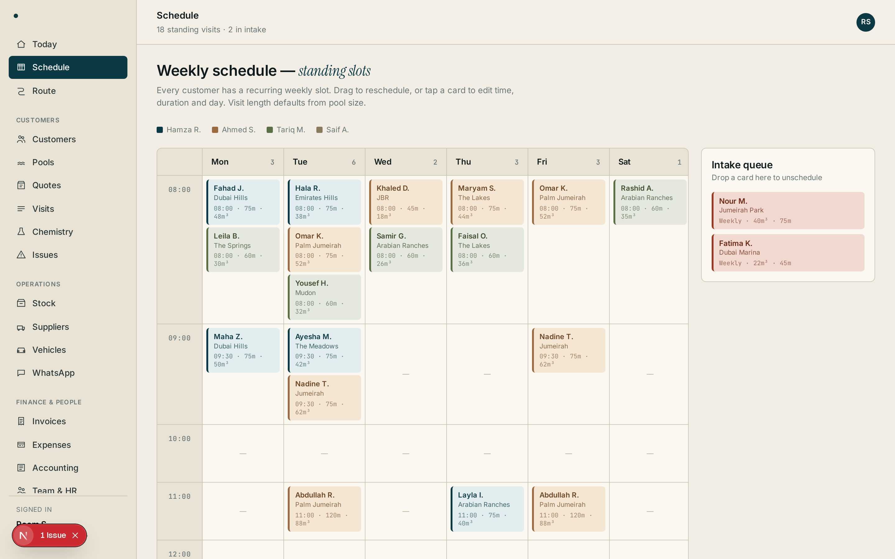 Pool service operator dashboard — weekly scheduler