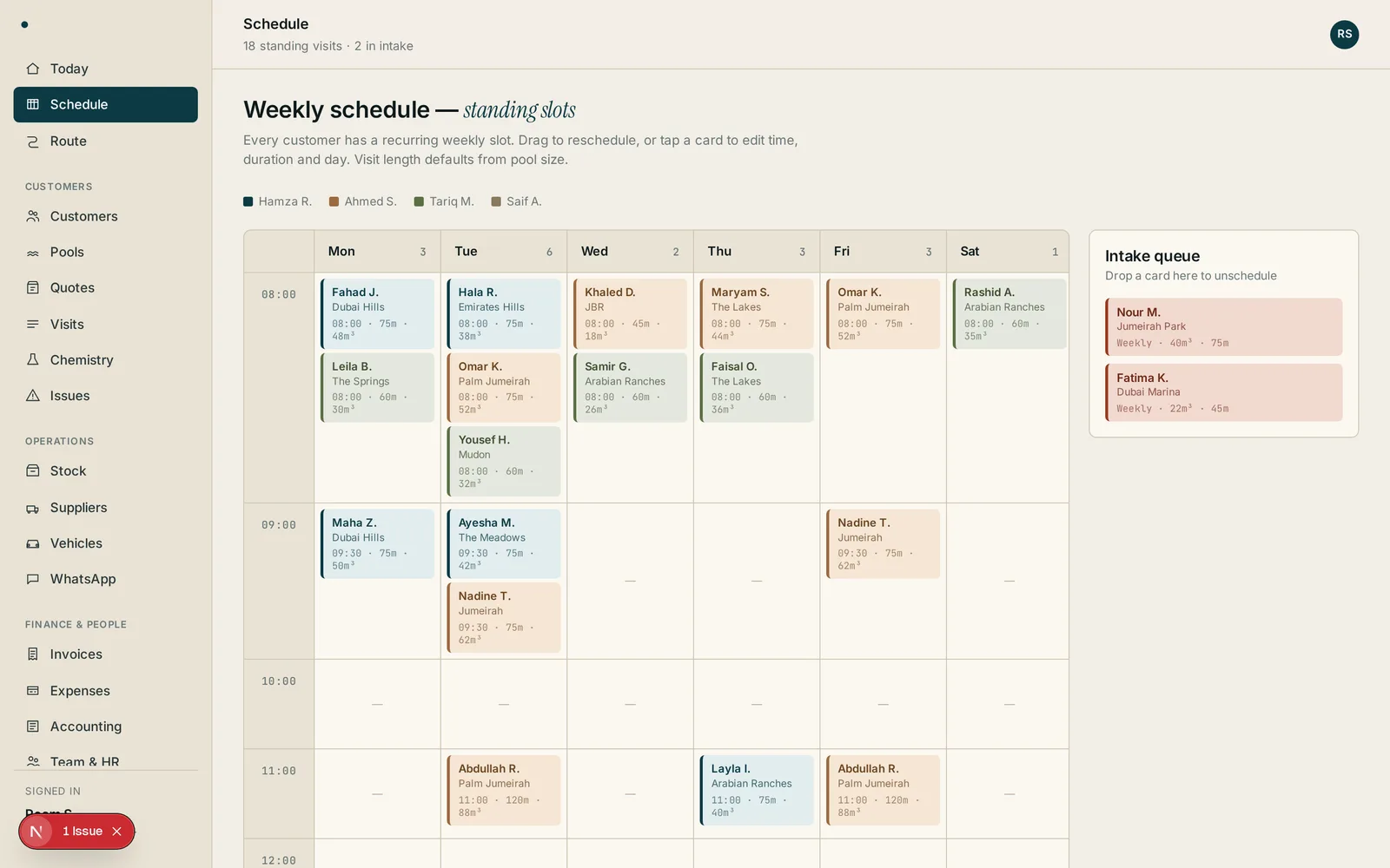 Pool service operator platform — weekly scheduler