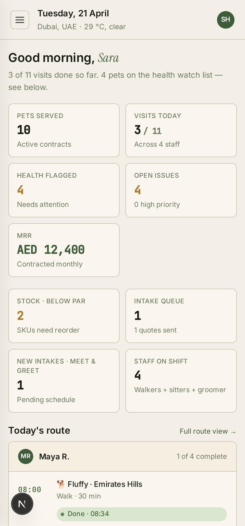 Pet care ops dashboard