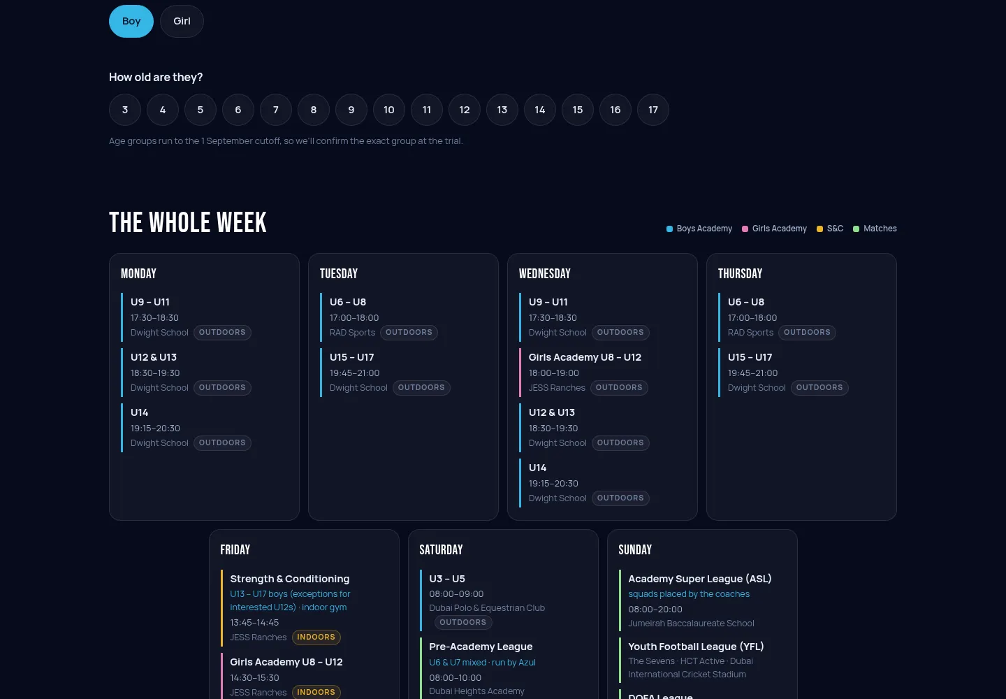 The Azul FC training schedule page — the whole week, venue by venue