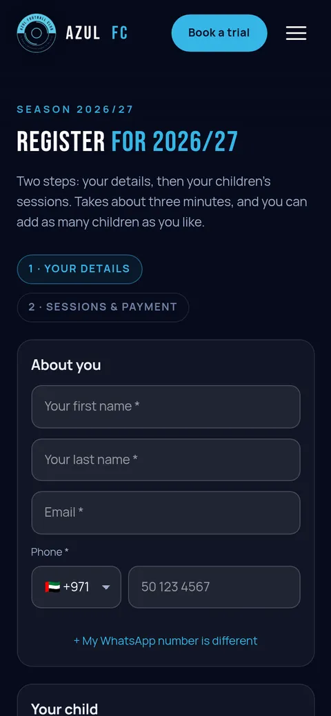 The Azul FC season registration form on a phone