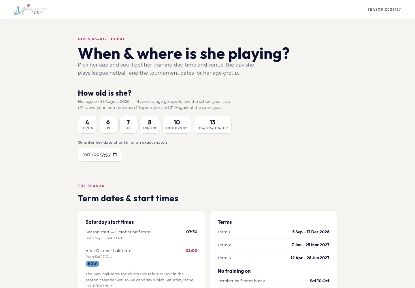 The Mavericks Netball UAE schedule page — pick an age, see her training day, time and venue