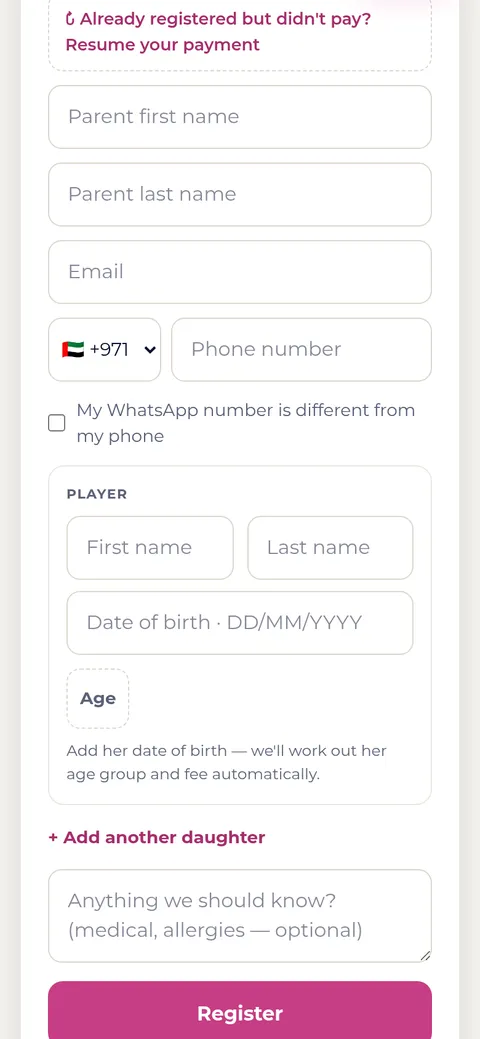 The Mavericks Netball UAE registration form on a phone
